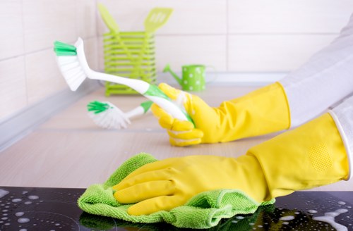 Office cleaning team working in a Westminster business reception area